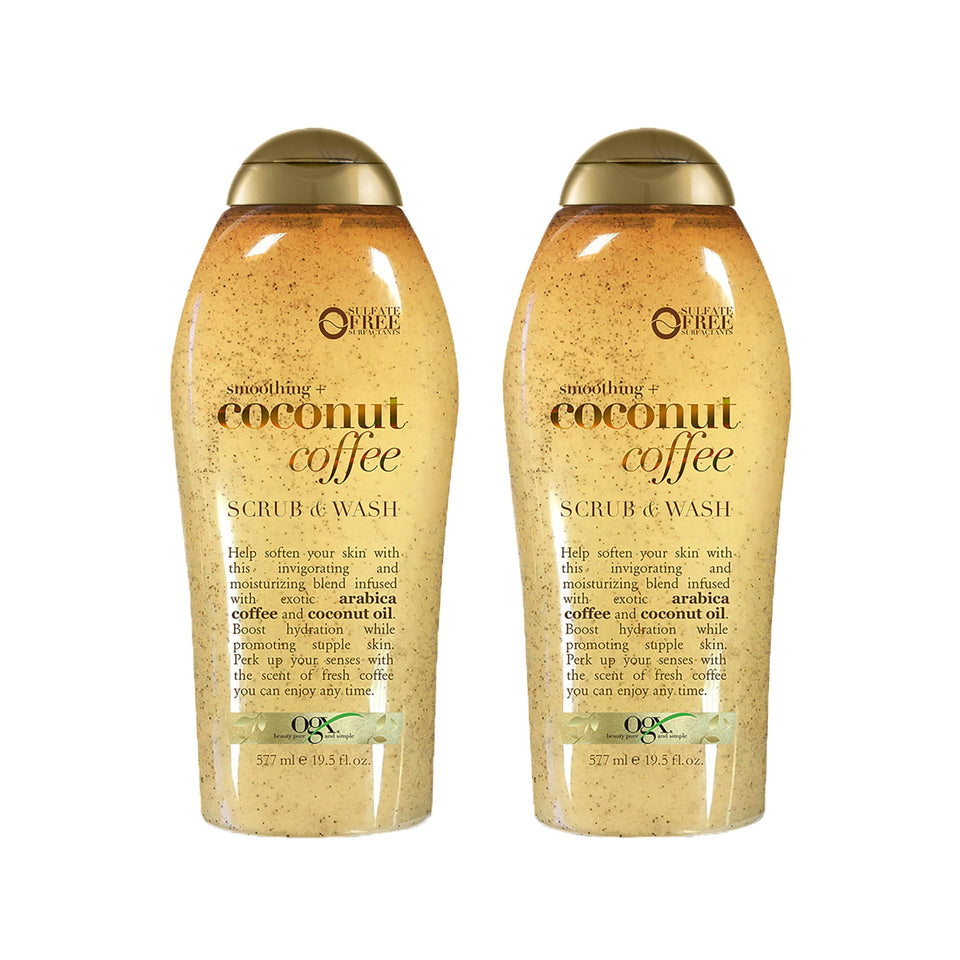 OGX front bottle showing coconut coffee scrub and moisture benefit