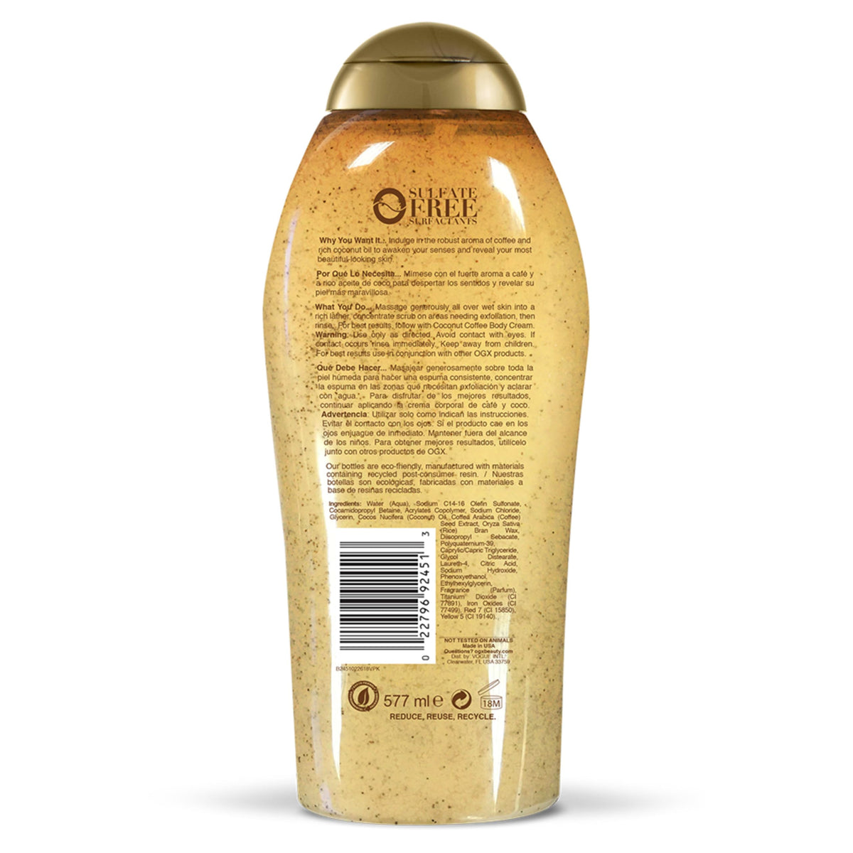 OGX product label detail highlighting arabica coffee and coconut oil benefits