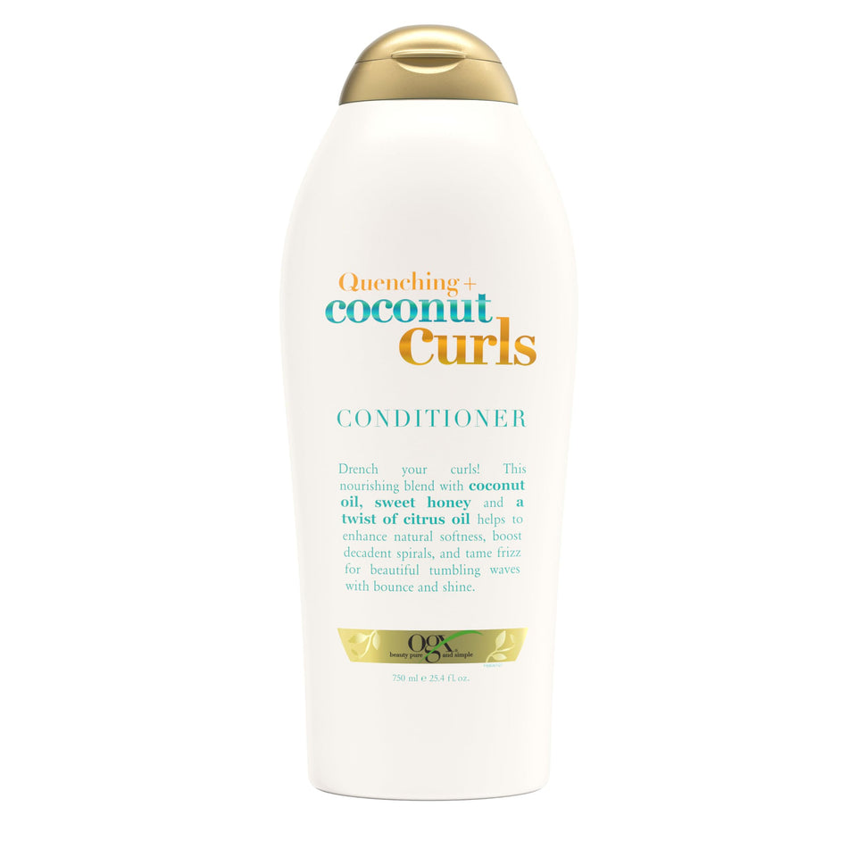 OGX conditioner front packaging showing product benefits and scent