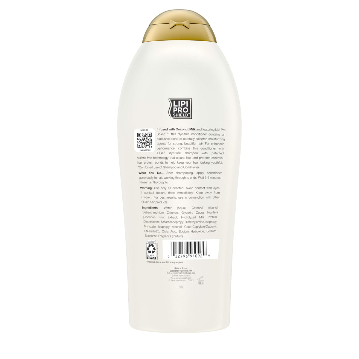 OGX bottle with coconut and peach props highlighting scent profile and nourishing benefit
