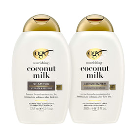 OGX front packaging showing both coconut milk bottles and moisturizing benefits
