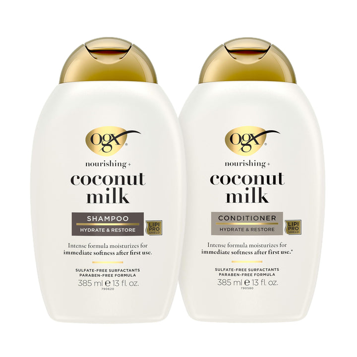 OGX front packaging showing both coconut milk bottles and moisturizing benefits