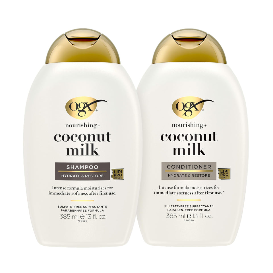 OGX front packaging showing both coconut milk bottles and moisturizing benefits