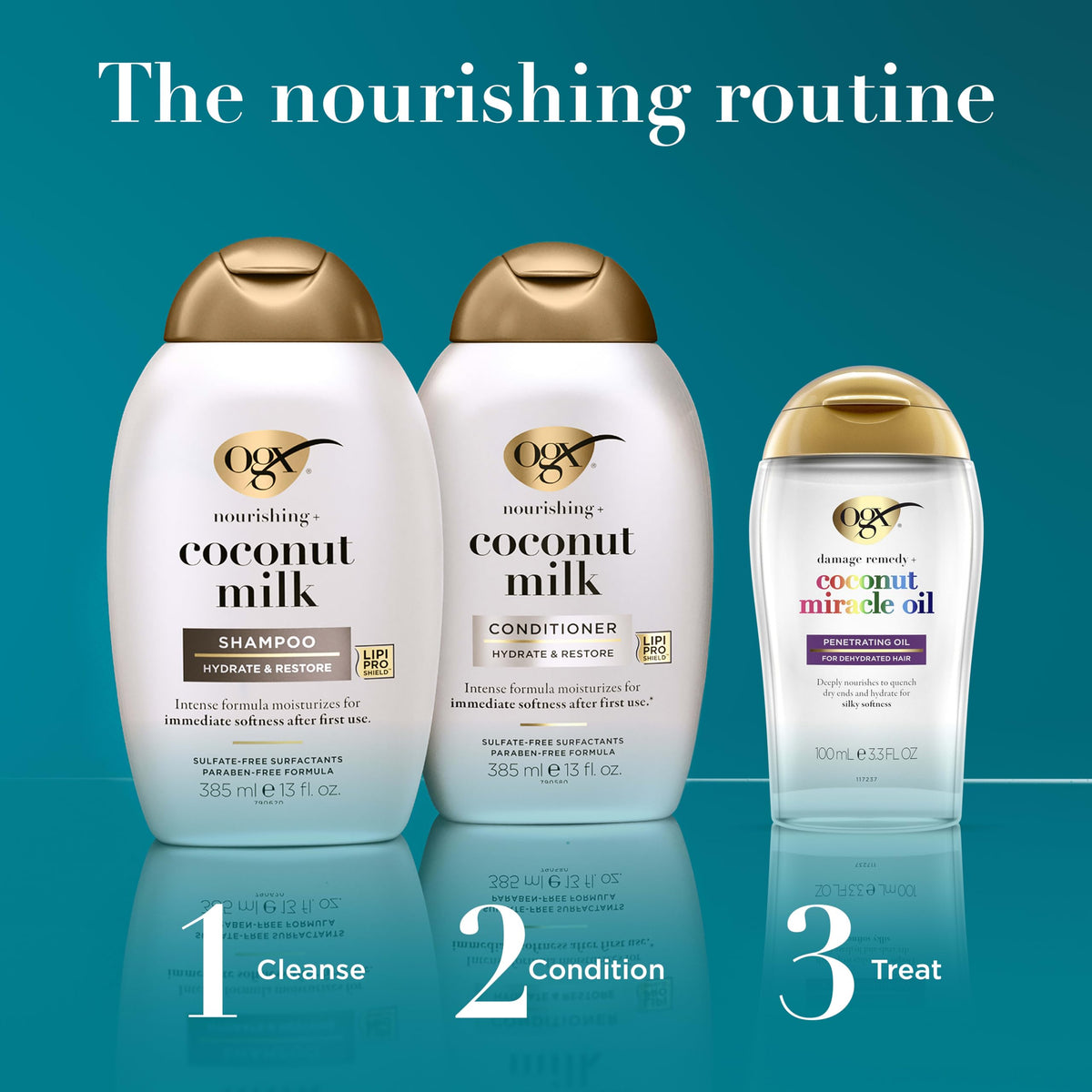 OGX in-shower use with model applying shampoo demonstrating soft, manageable hair