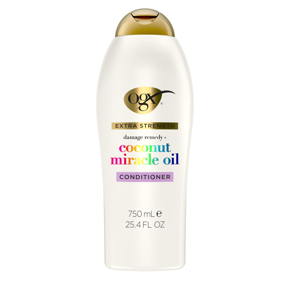 OGX front label of Coconut Miracle Oil Conditioner showing product benefits