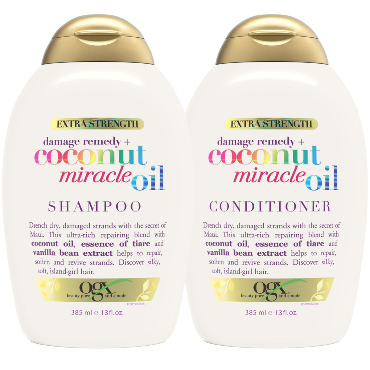 OGX shampoo and conditioner front packaging showing two 13 fl oz bottles for easy care