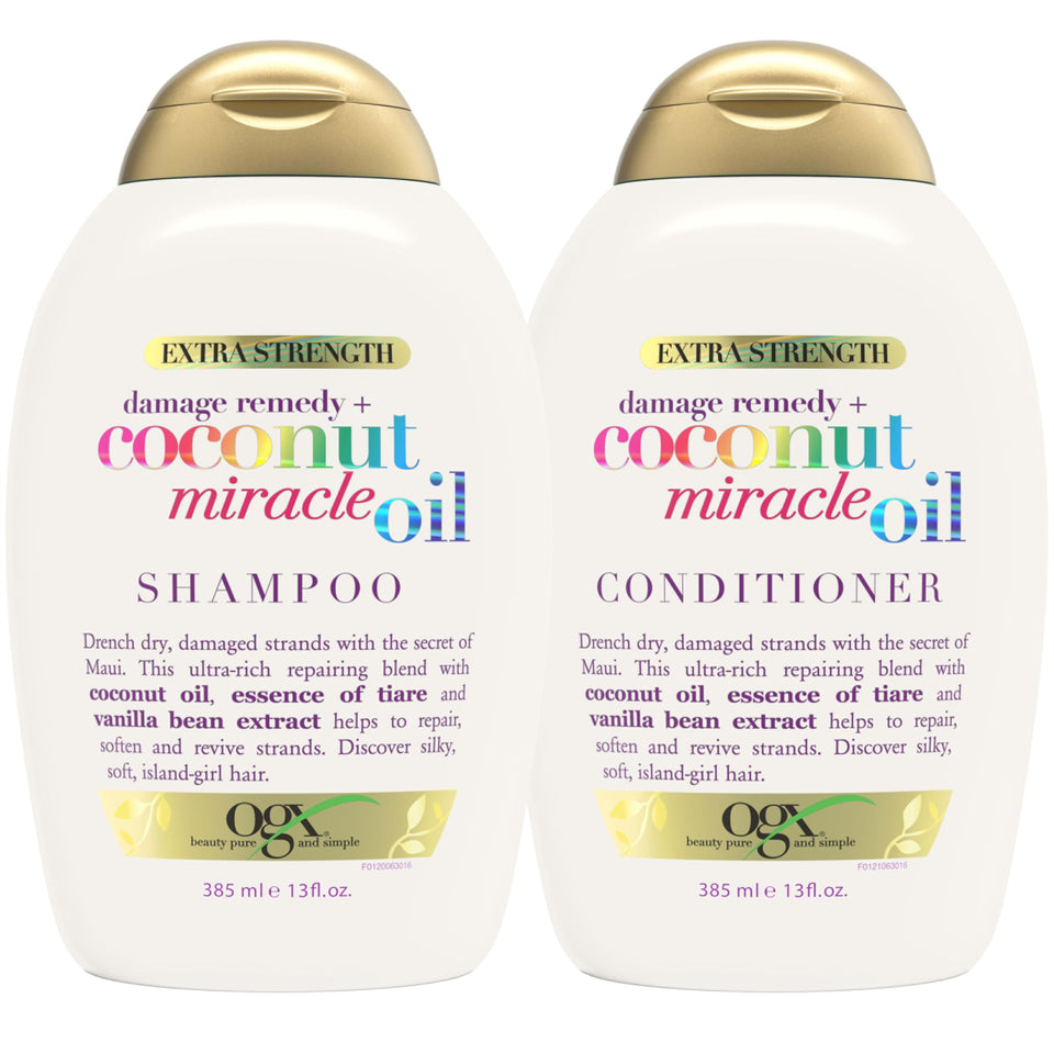 OGX shampoo and conditioner front packaging showing two 13 fl oz bottles for easy care