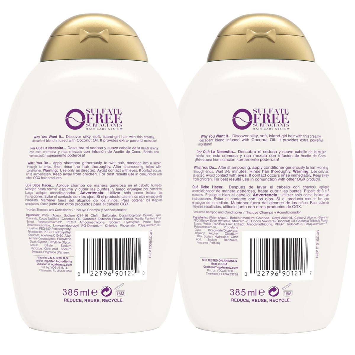OGX two-pack styled on a bathroom shelf evoking spa-like scent and repair benefits