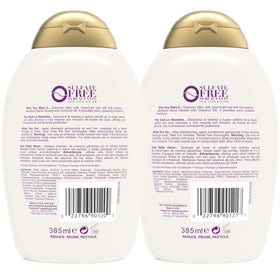 OGX two-pack styled on a bathroom shelf evoking spa-like scent and repair benefits