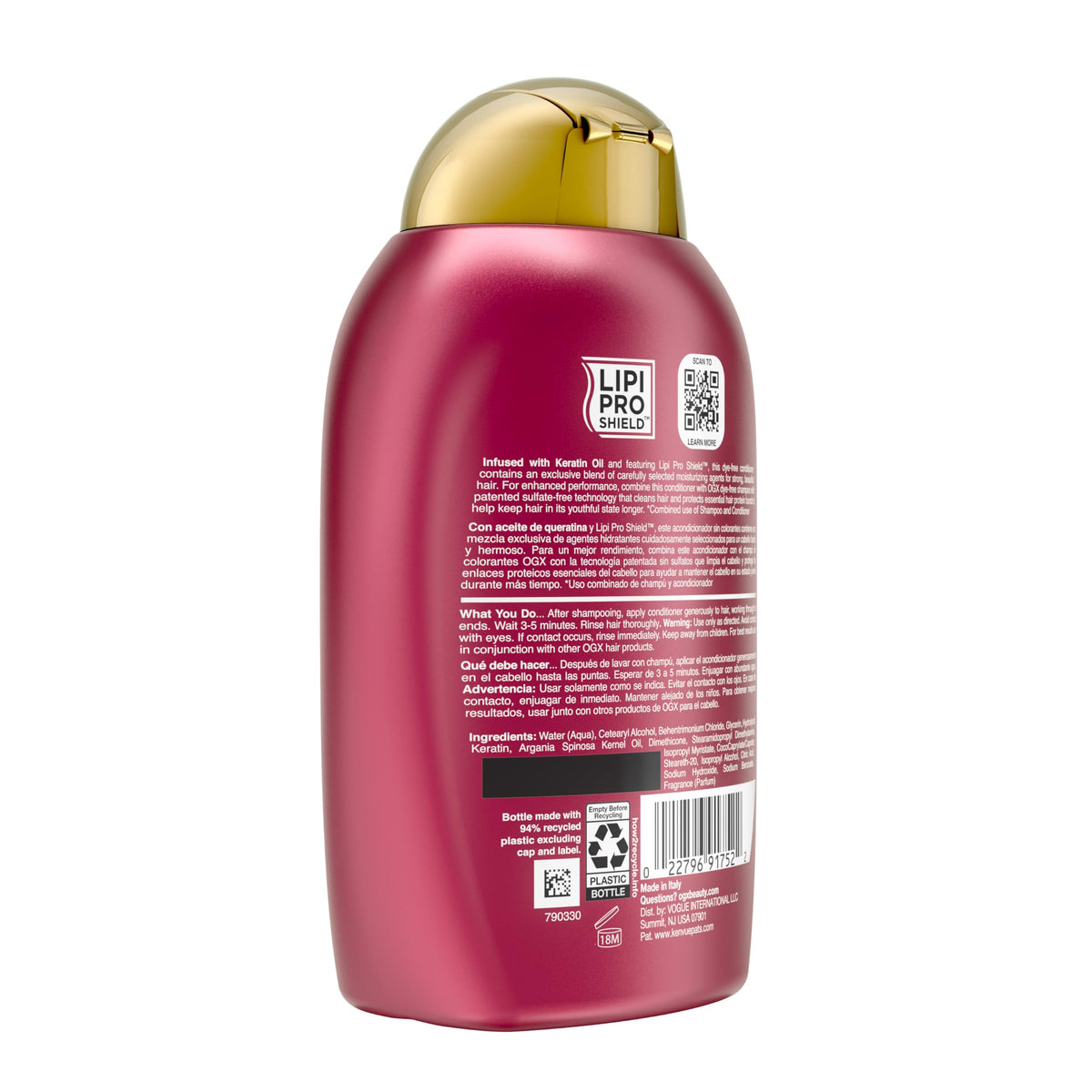 OGX conditioner on bathroom shelf staged for styling routine and easy-use benefit