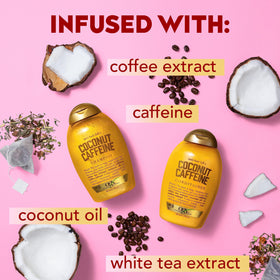 OGX conditioner with coconut and coffee beans highlighting ingredients