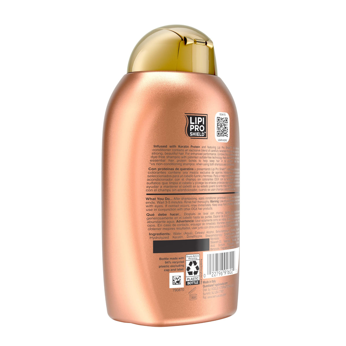 OGX 13 fl oz bottle next to ruler for size and travel-friendly clarity