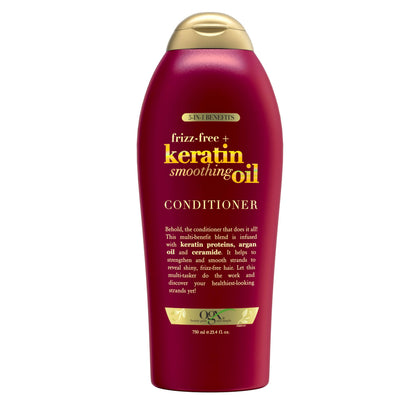 OGX front packaging showing the smoothing oil conditioner and benefit of frizz control