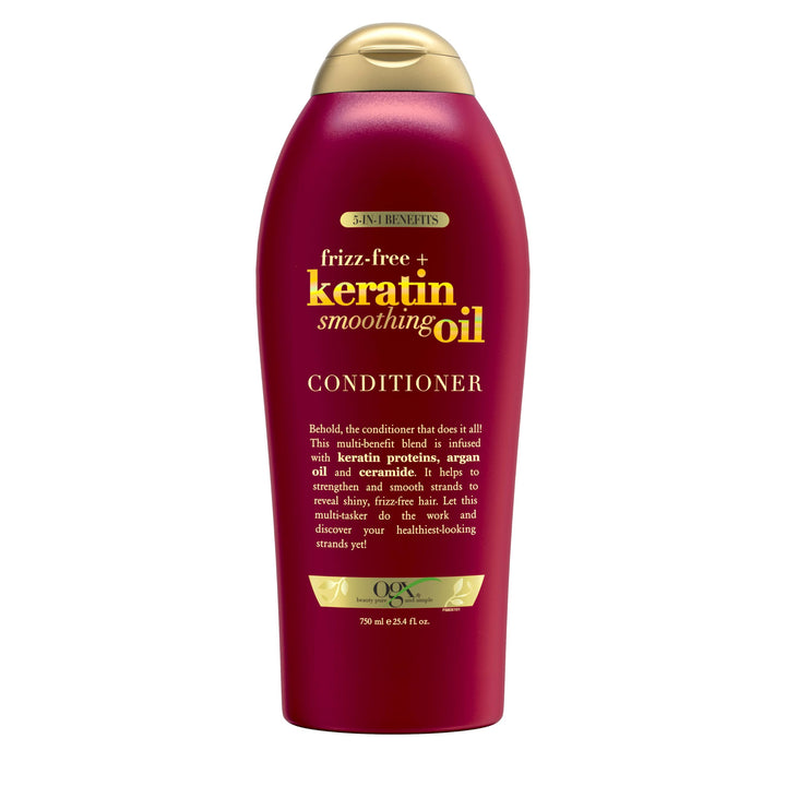 OGX front packaging showing the smoothing oil conditioner and benefit of frizz control