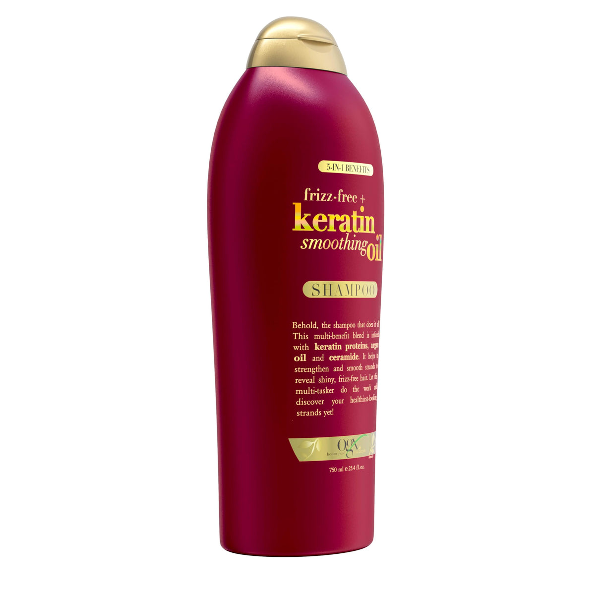 OGX label close-up showing ingredient list and paraben-free benefit