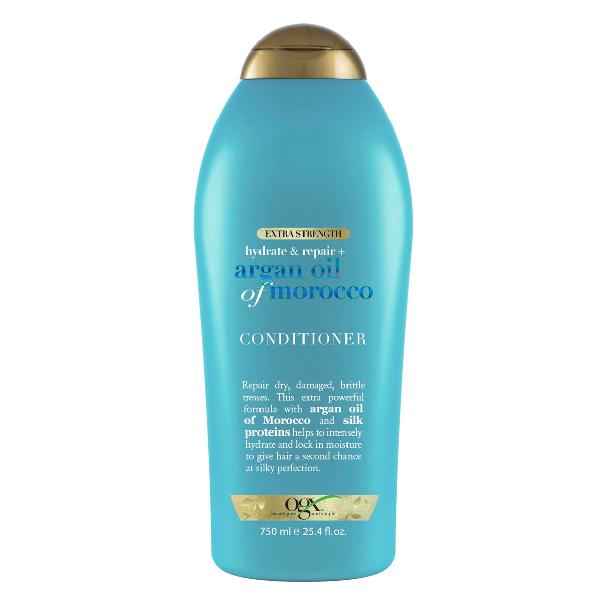 OGX bottle front packaging showing argan oil conditioner benefits
