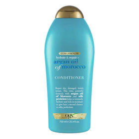 OGX bottle front packaging showing argan oil conditioner benefits