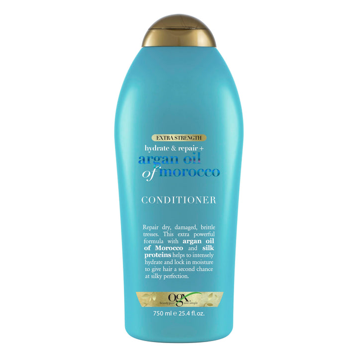 OGX bottle front packaging showing argan oil conditioner benefits