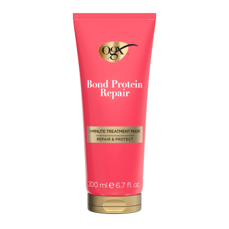 OGX front packaging bottle showing Bond Protein Repair benefits and quick action
