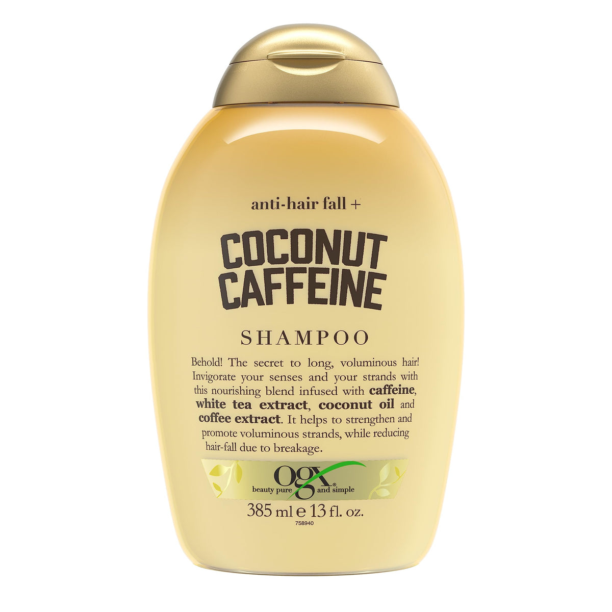 OGX front packaging showing bottle and vibrant coconut-caffeine branding for clarity