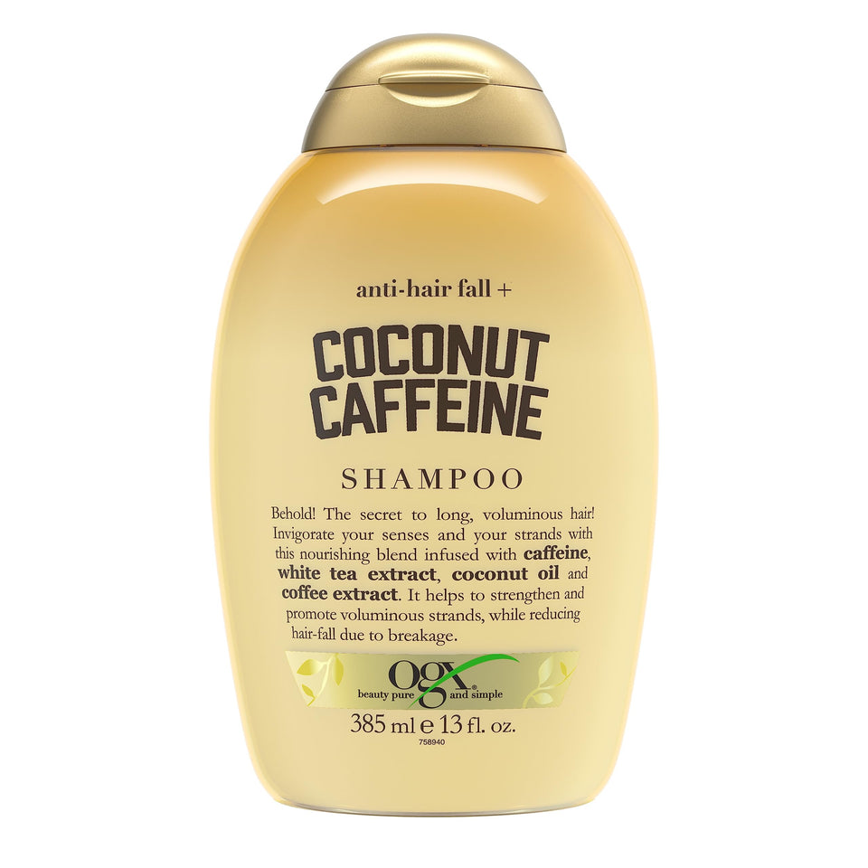 OGX front packaging showing bottle and vibrant coconut-caffeine branding for clarity
