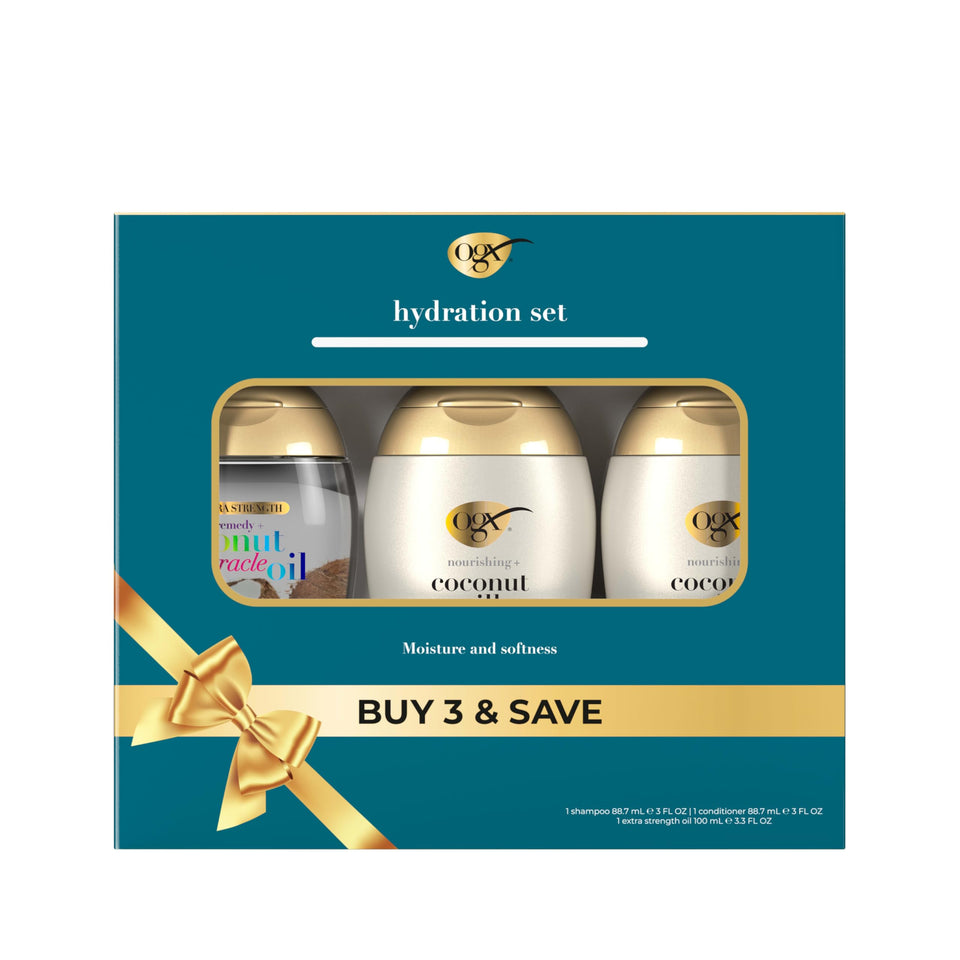 OGX front packaging hydration set showing all three travel bottles and benefits