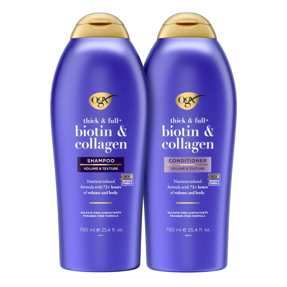 OGX front packaging showing both 25.4 fl oz bottles and product benefits