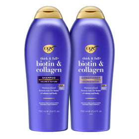 OGX front packaging showing both 25.4 fl oz bottles and product benefits