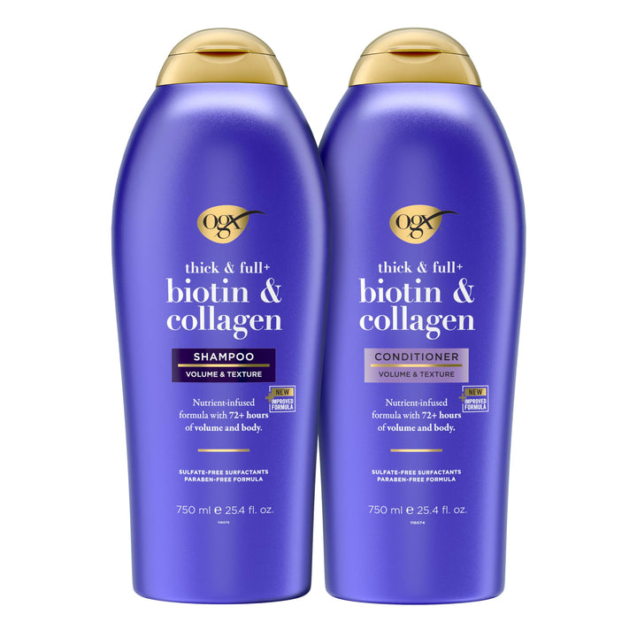OGX front packaging showing both 25.4 fl oz bottles and product benefits