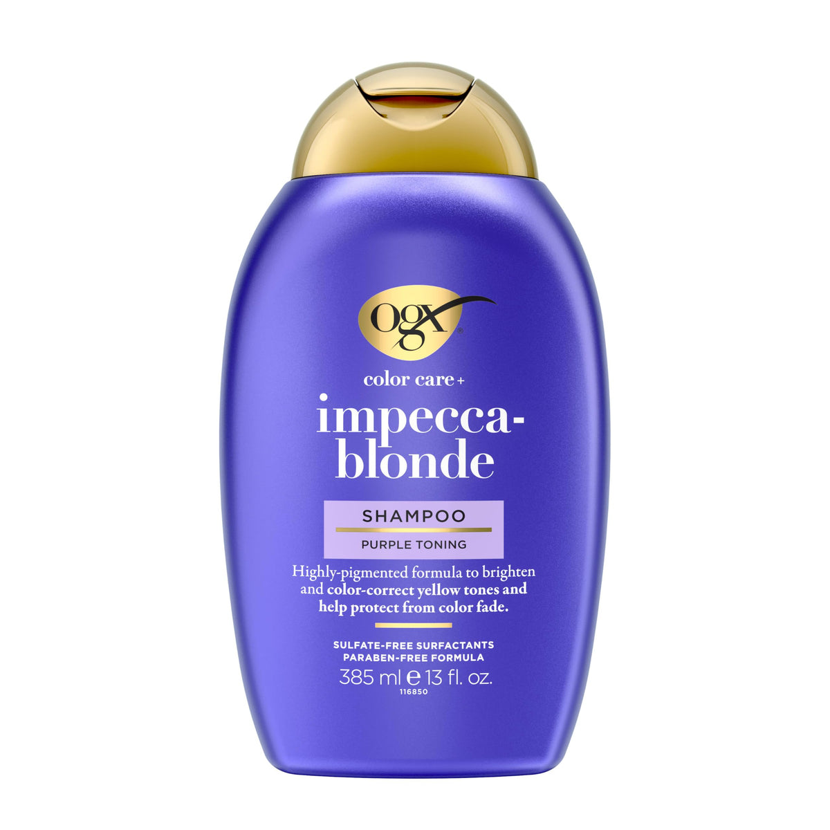 OGX label detail showing Impecca-Blonde ingredients and color-care claim