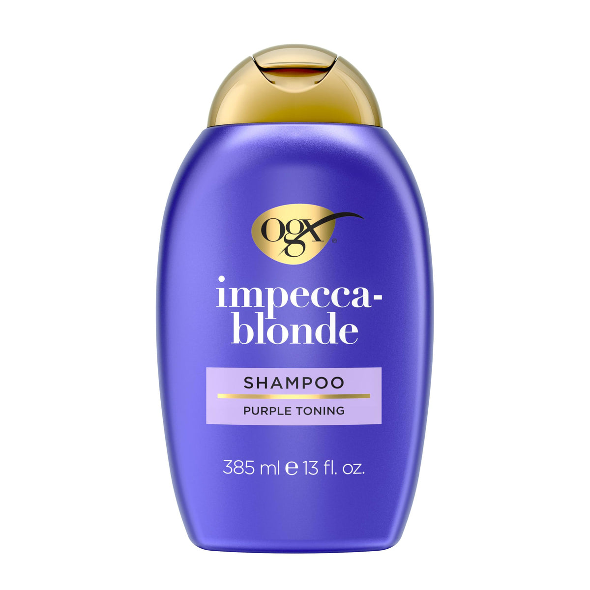 OGX bottle front packaging showing brand and purple shampoo benefits
