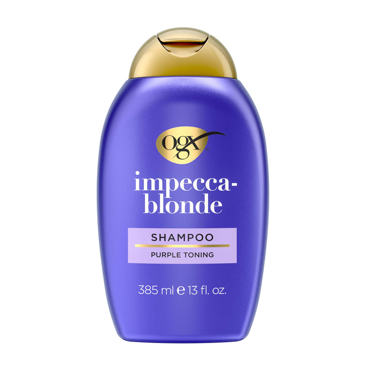 OGX bottle front packaging showing brand and purple shampoo benefits