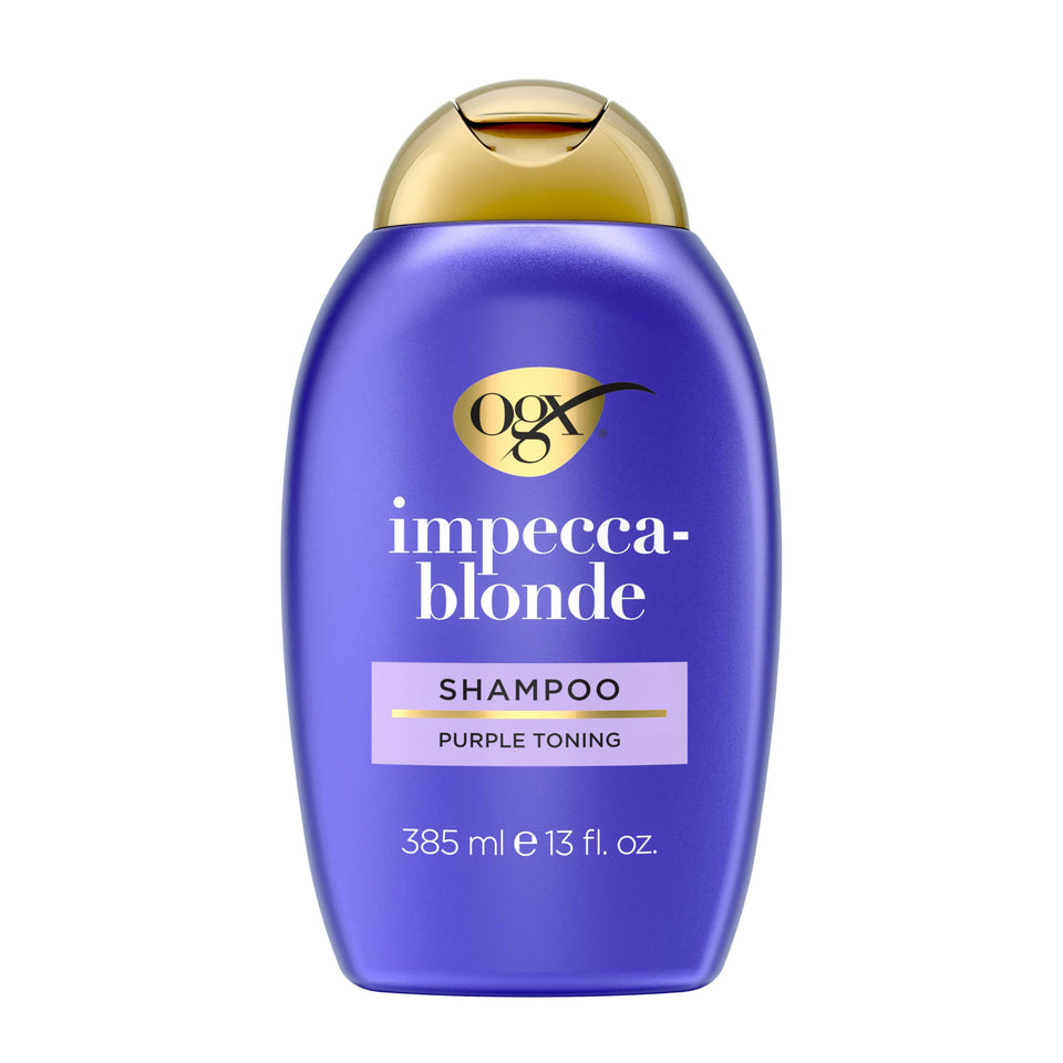 OGX bottle front packaging showing brand and purple shampoo benefits