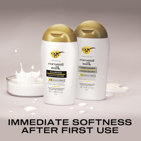OGX Nourishing Coconut Milk shampoo bottle emphasizing hydration and gentle cleanse