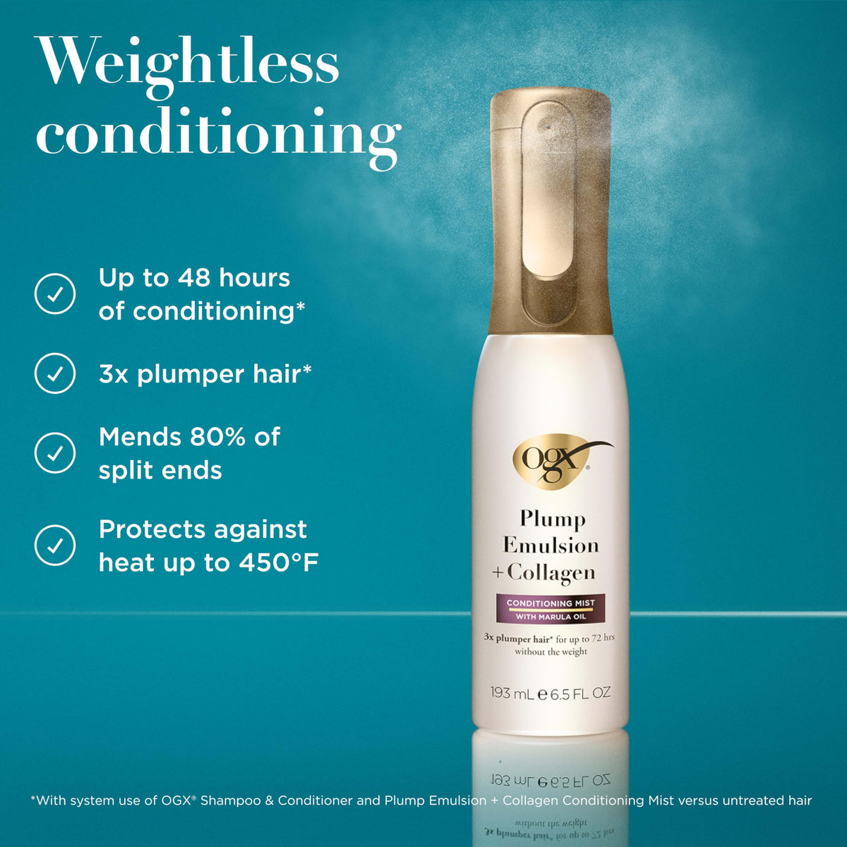 OGX continuous mist spraying, shows even coverage and lightweight hold