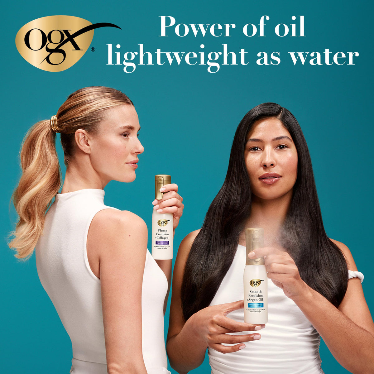 OGX in-use blow-drying scene, helps create lift and fuller-looking hair