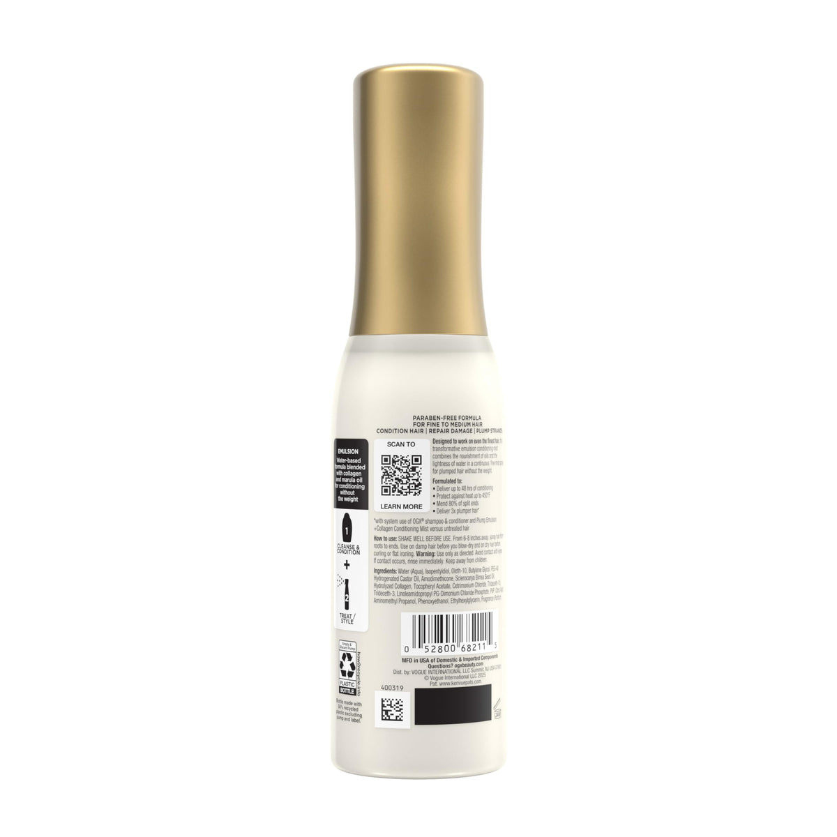 OGX marula oil and collagen, highlights nourishing and plumping benefit
