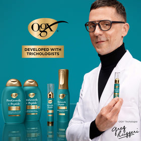 OGX pen on bathroom shelf with other products, easy daily routine benefit