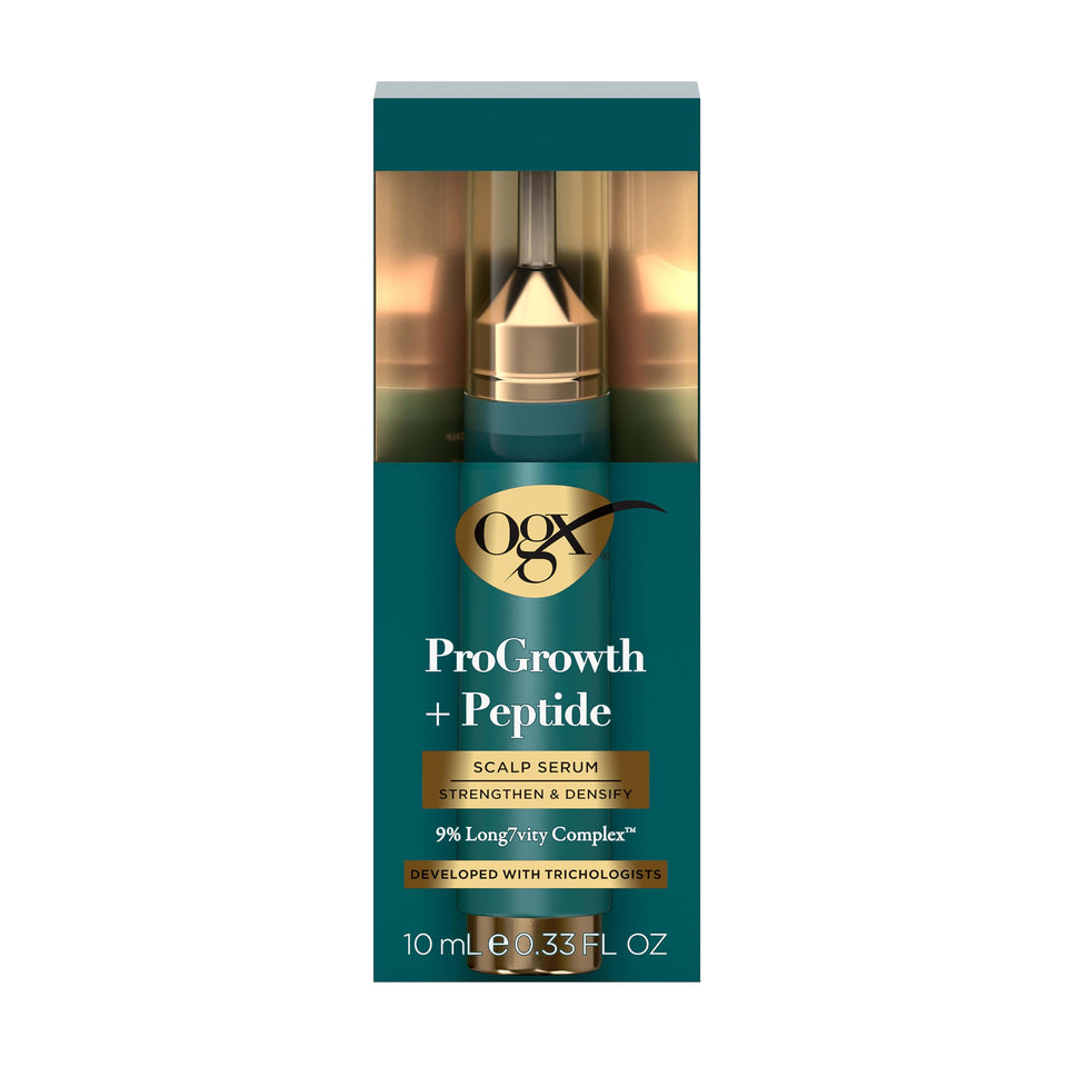 OGX front packaging showing ProGrowth pen, highlights easy targeted treatment
