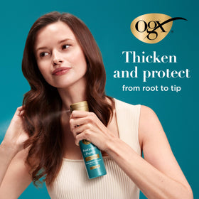 OGX mist applied to damp hair for root-to-tip thickness and protection