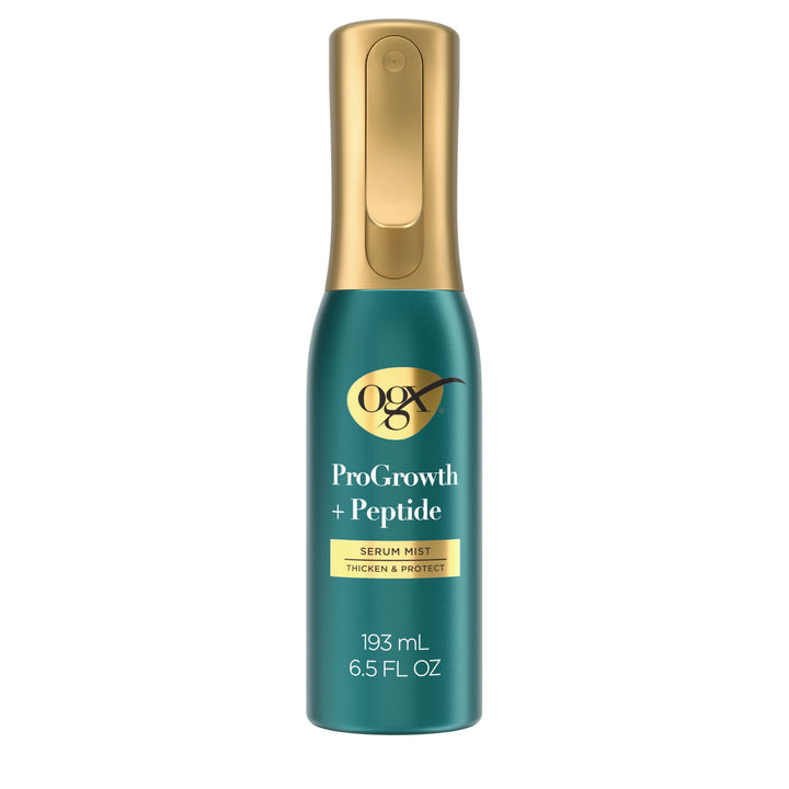 OGX bottle front packaging showing ProGrowth + Peptide Mist benefits