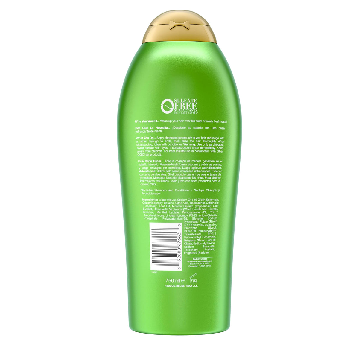 OGX bottle beside rosemary and mint sprigs illustrating natural extracts