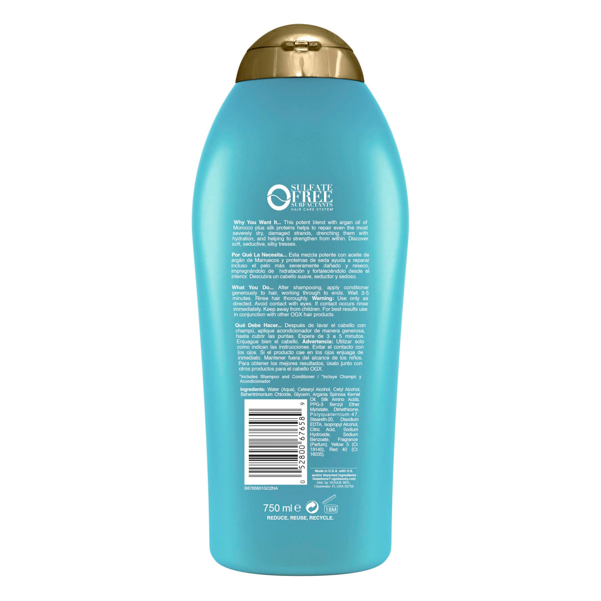 OGX 25.4 fl oz bottle next to common object to show scale