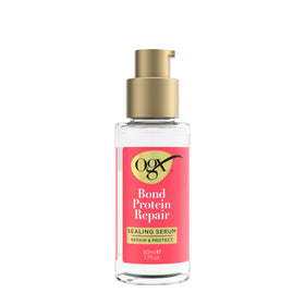 OGX sealing serum front packaging showing bottle and benefit smoothing hair