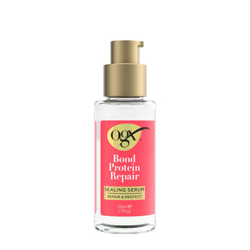 OGX sealing serum front packaging showing bottle and benefit smoothing hair