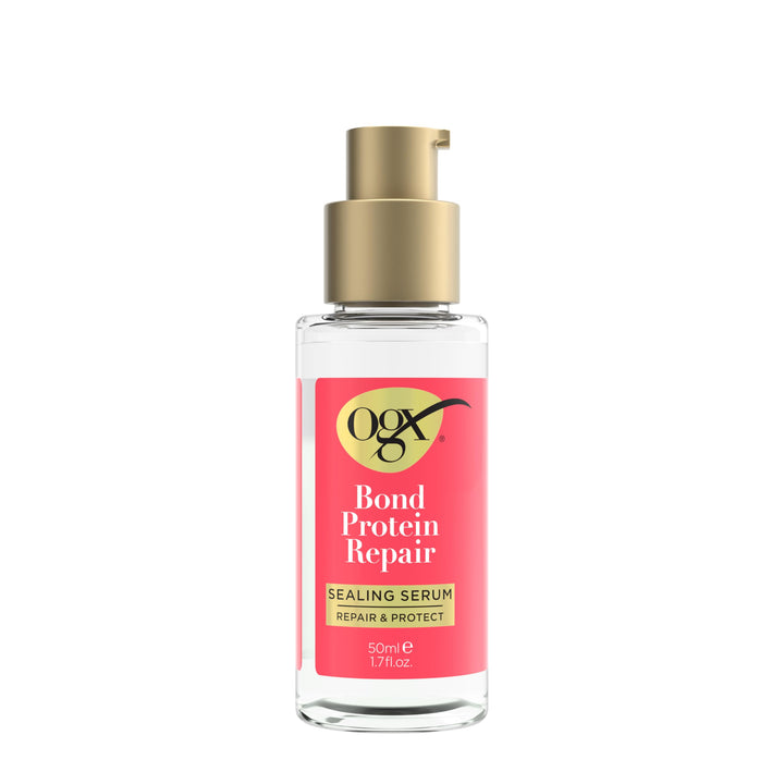OGX sealing serum front packaging showing bottle and benefit smoothing hair