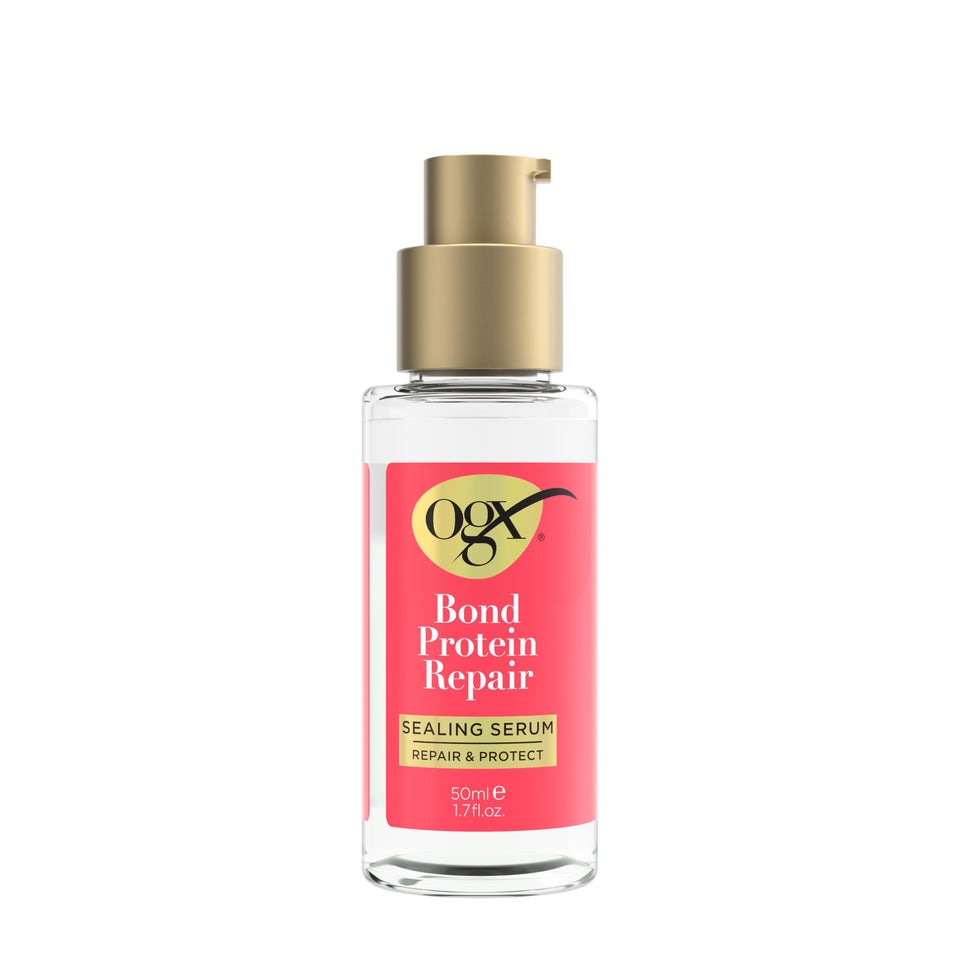 OGX sealing serum front packaging showing bottle and benefit smoothing hair