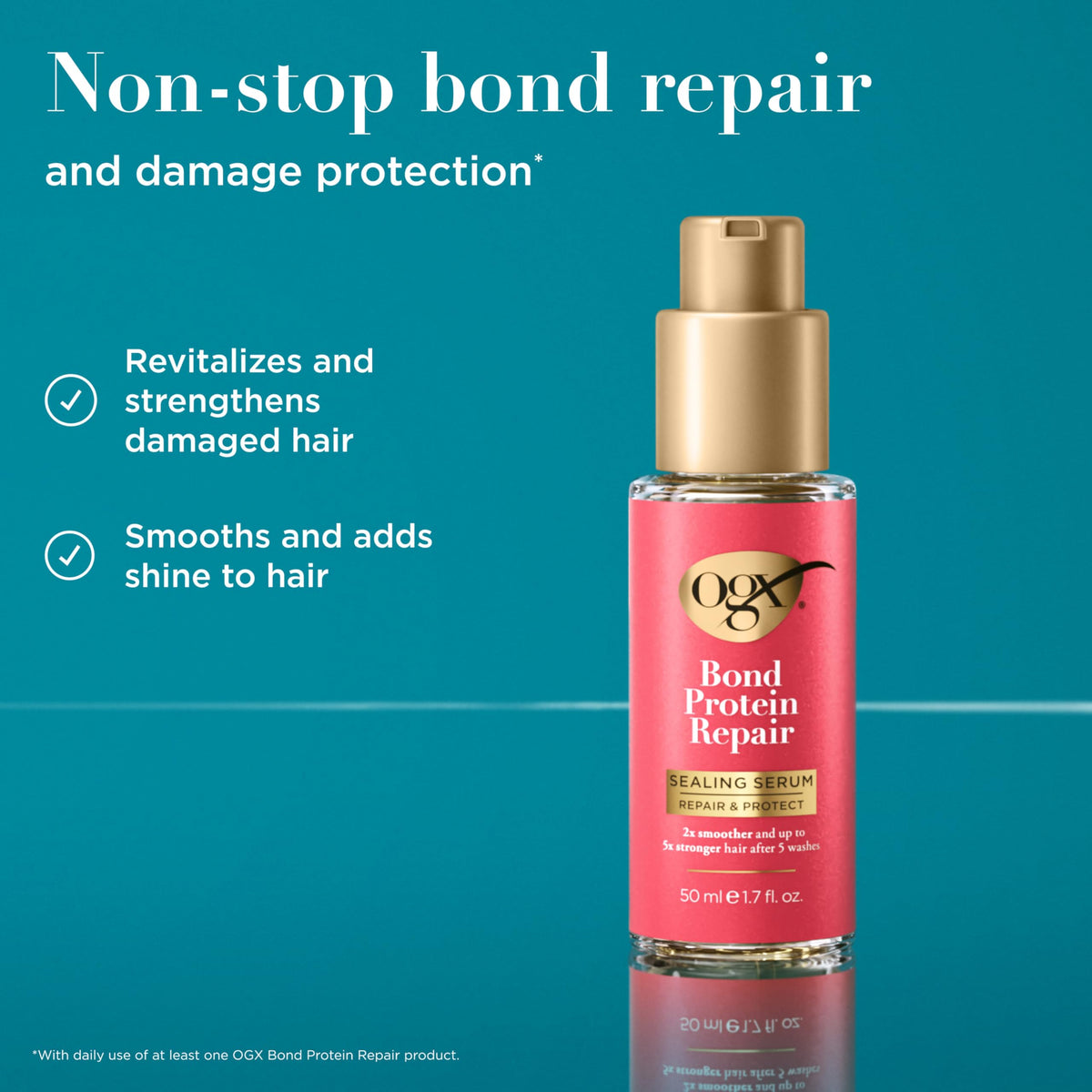OGX sealing serum texture drop on hand showing lightweight formula benefit