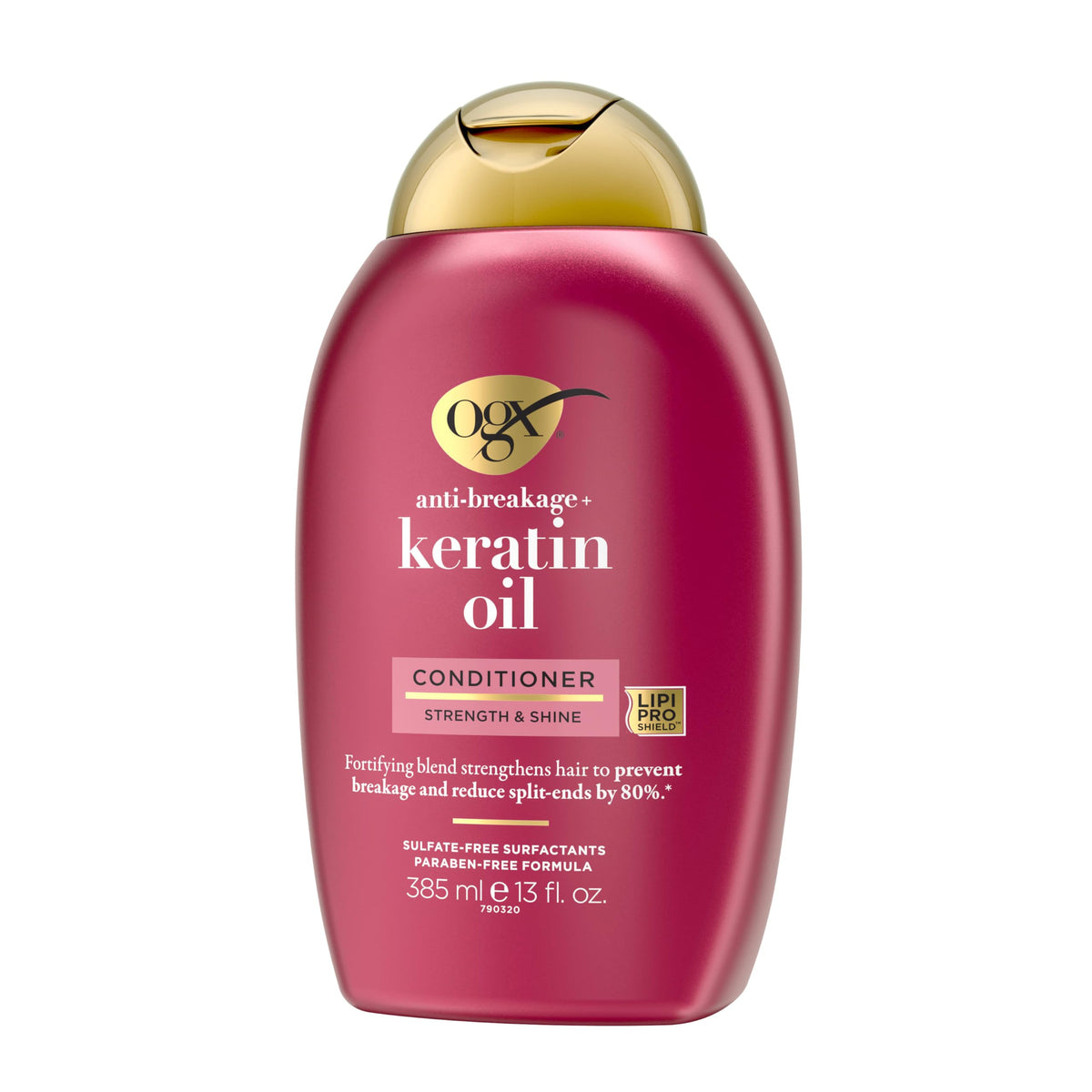 OGX 13 fl oz bottle in hand indicating true size and travel-friendly benefit