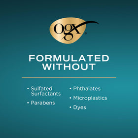 OGX bottles next to a hand showing 25.4 fl oz scale and long-lasting value